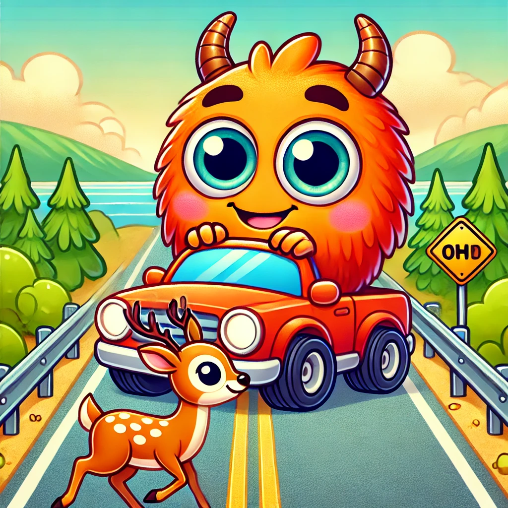 happy orange monster driving a car on a highway with a deer crossing the road ahead